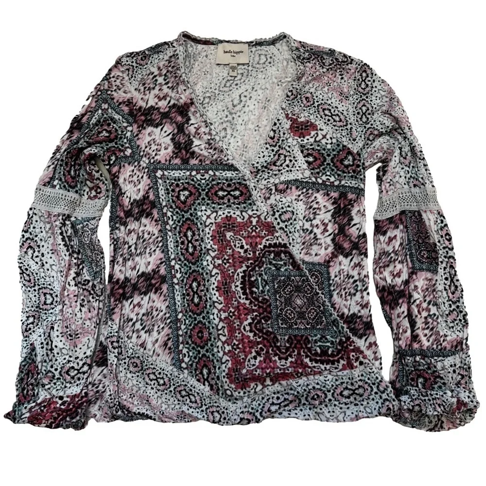 Haute Hippie Tribe Malia Printed Knit Surplice Top Summer Tapestry Size XS NEW - Picture 3 of 16